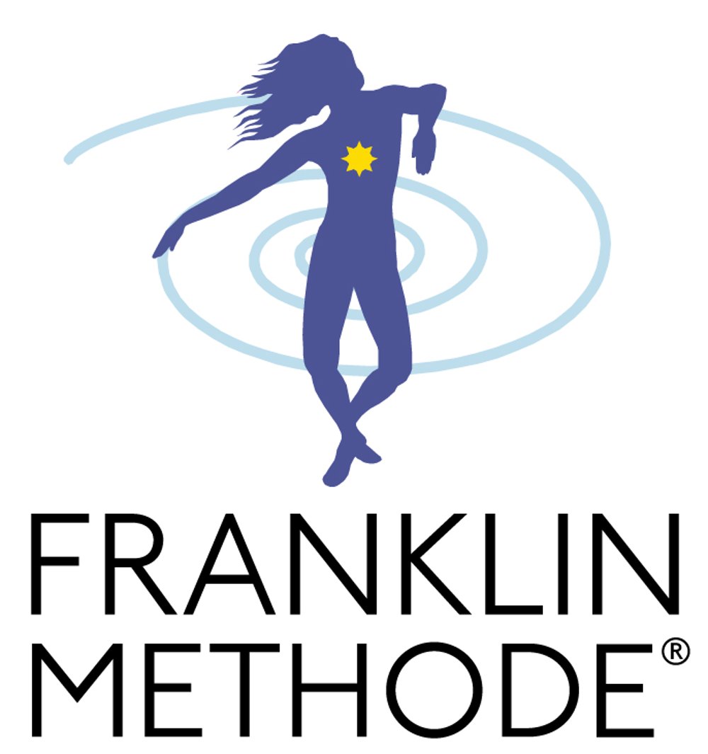 Logo der Franklin Methode mit tanzender Silhouette, gelber Sonne auf der Brust und spiralförmigen Linien im Hintergrund.