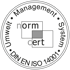 Round logo with "norm cert" in overlapping squares, surrounded by "Umwelt • Management System • DIN EN ISO 14001".