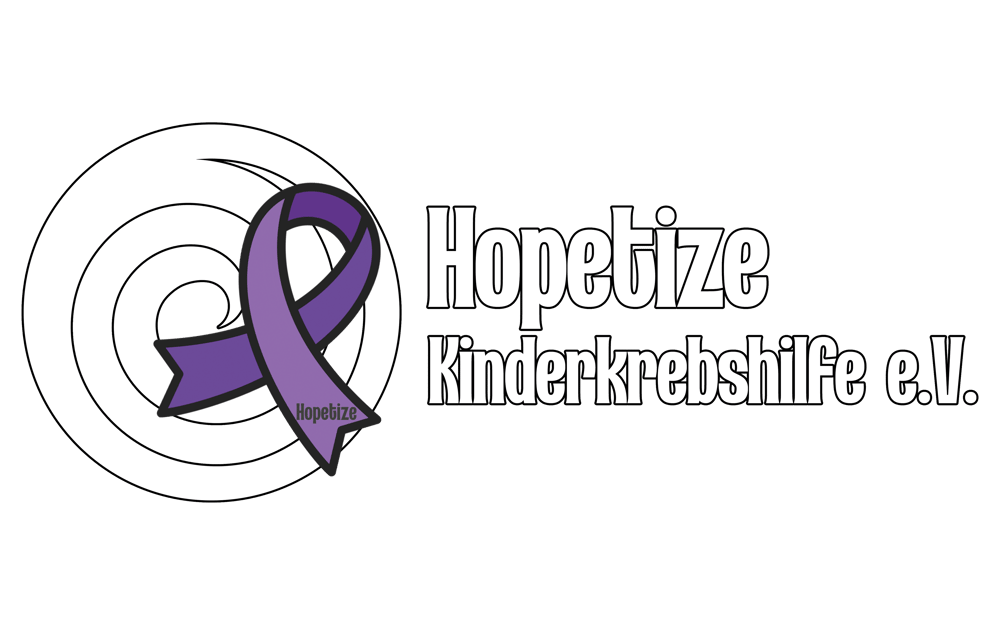 Lila Schleife und Spirale mit Text "Hopetize – Gemeinsam Stark gegen Krebs".