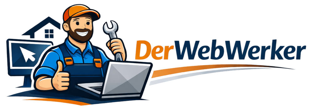 Bärtiger Mann in Latzhose und Kappe hält Schraubenschlüssel, zeigt Daumen hoch, mit Laptop und Text "DerWebWerker".