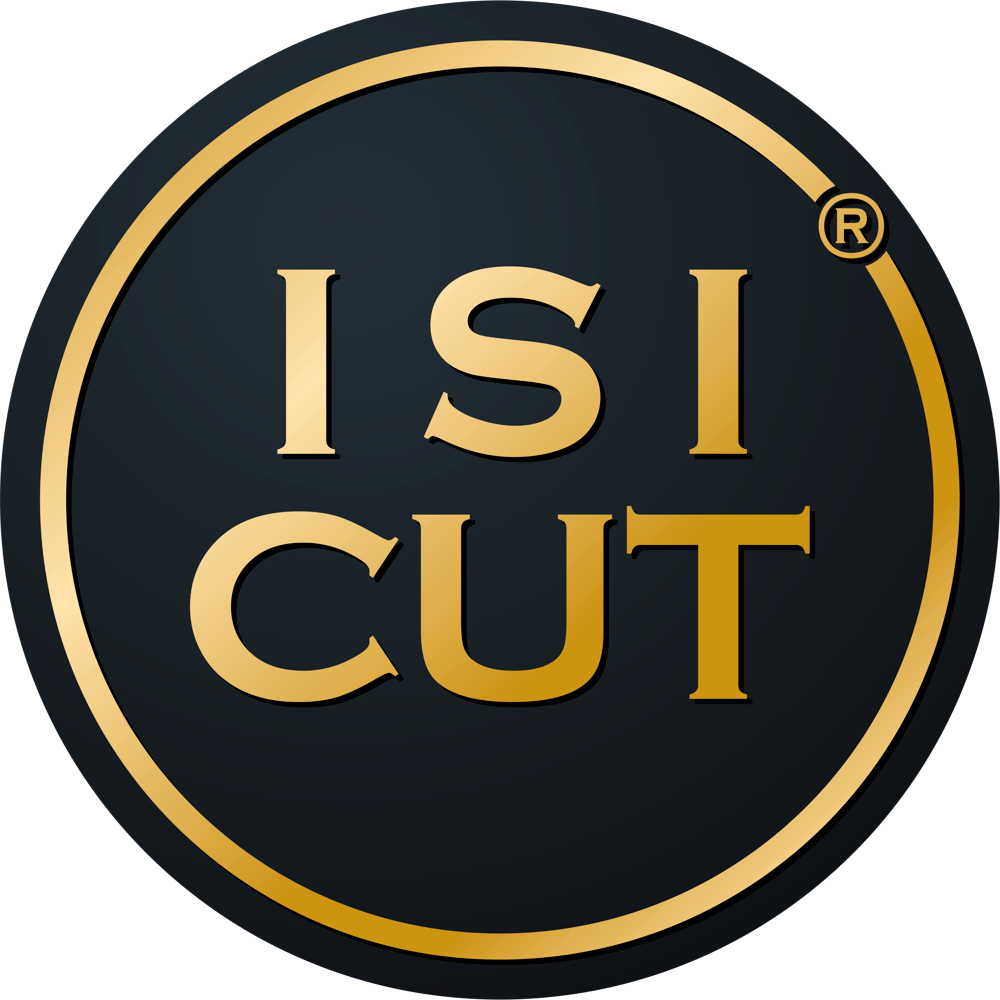 Goldener ISI CUT-Schriftzug auf schwarzem Kreis mit goldenem Rand und R-Symbol.