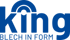 Blaues "King Blech in Form" Logo mit einem Bogen über dem "i".