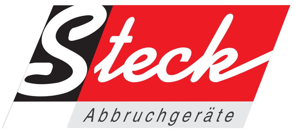 Logo von "Steck Abbruchgeräte" mit weißem "S" auf schwarzem Hintergrund und "teck" auf rotem Hintergrund.