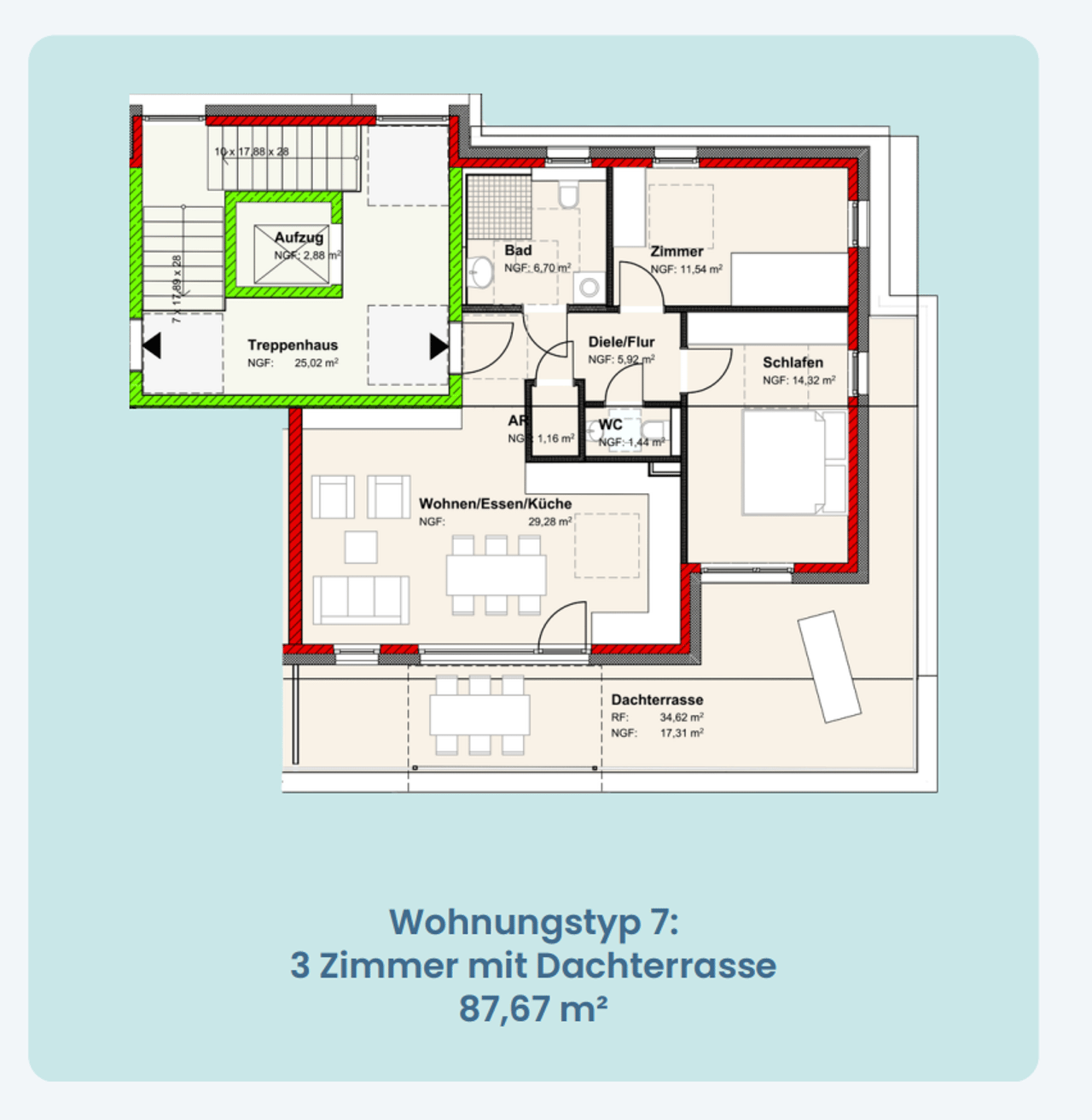 Grundriss Wohnungstyp 7, 3 Zimmer, 87,67 m² Wohnfläche