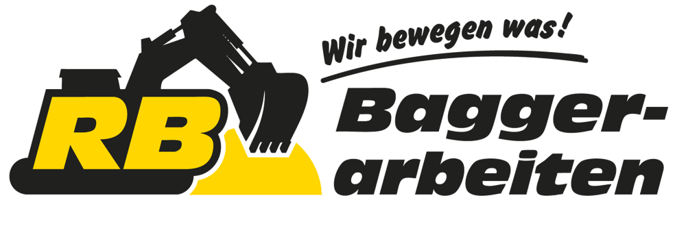 Logo: Schwarzer Bagger mit gelbem "RB" und Text "Wir bewegen was! Baggerarbeiten".