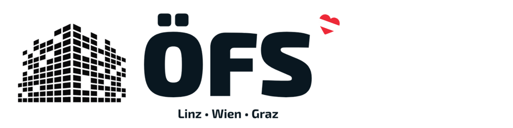 Logo mit stilisierter Stadt, Text „ÖFS“ und „Linz • Wien • Graz“, Herz in österreichischen Farben.