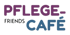 Schriftzug "PFLEGE-FRIENDS CAFÉ" in lila, schwarzer und blauer Schrift auf dunkelgrünem Hintergrund.