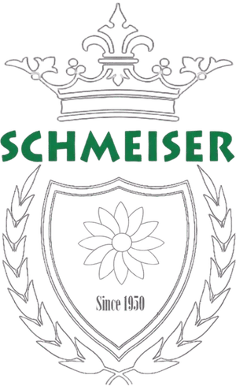 Logo mit Krone, dem Schriftzug "SCHMEISER", einem Schild mit Blume und dem Text "Since 1950".
