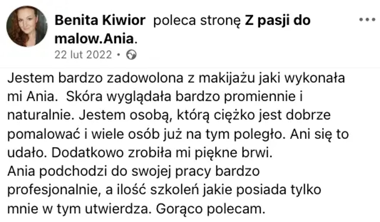 Opinia Benity Kiwior z Facebooka
