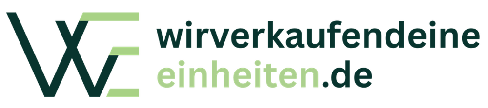 Logo mit dunkelgrünem "WE" und hellgrünem Querbalken, daneben "wirverkaufendeine einheiten.de" in zwei Zeilen.