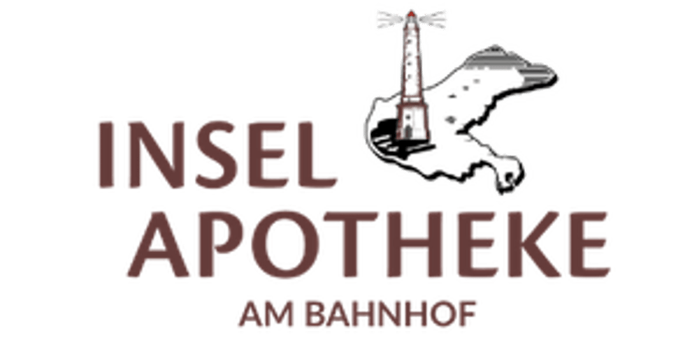 Insel Apotheke Logo mit Inselumriss und Leuchtturm.