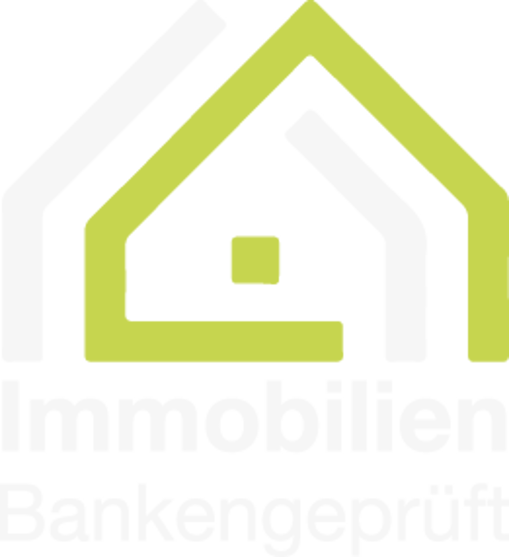Immobilien Bankengeprüft Logo: Grünes und graues stilisiertes Haus-Logo mit "Immobilien Bankengeprüft" in Grau.