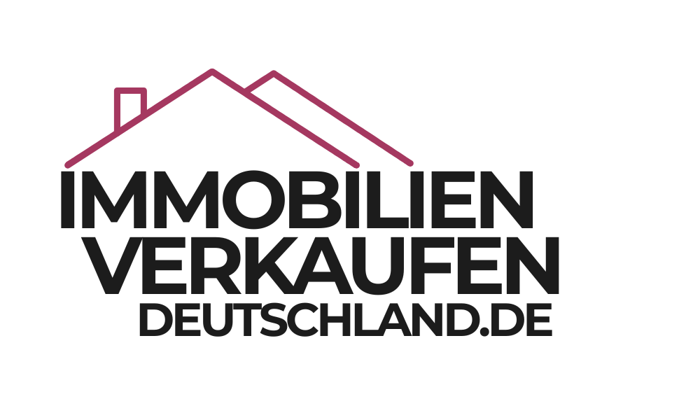 Dunkelblauer Text "IMMOBILIEN VERKAUFEN.DE" mit orangefarbenem Dachsymbol über "IMMOBILIEN" und ".DE"