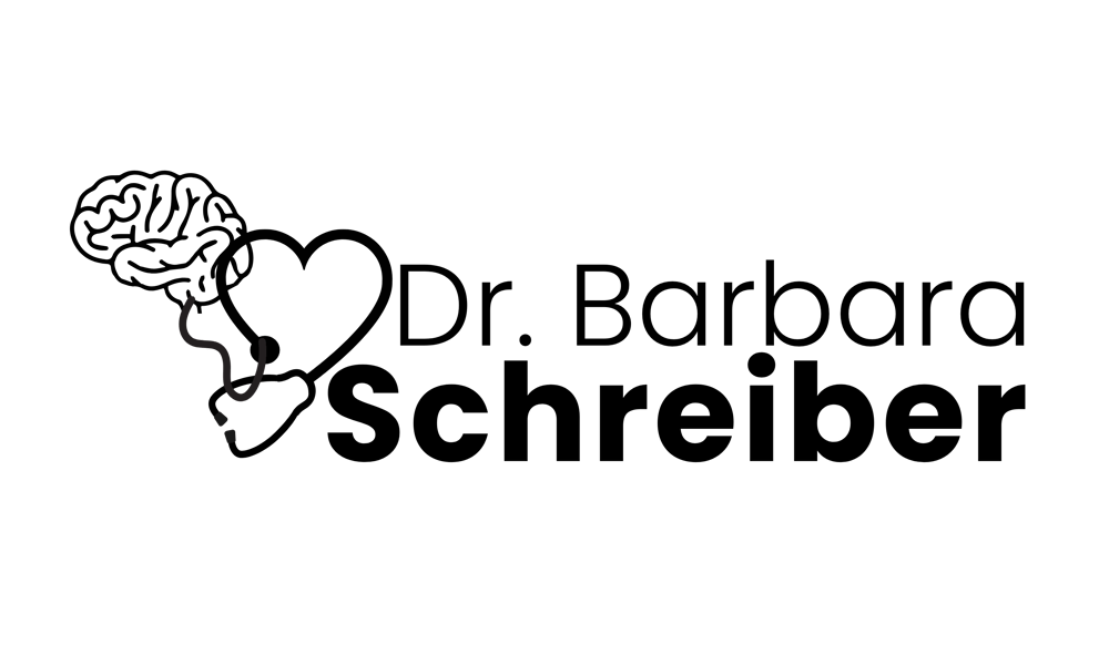 Logo: Gehirn, Herz und Stethoskop, Text "Dr. Barbara Schreiber"