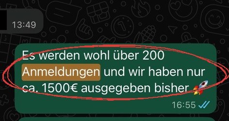WhatsApp: über 200 Anmeldungen bei ca. 1.500 € Werbebudget