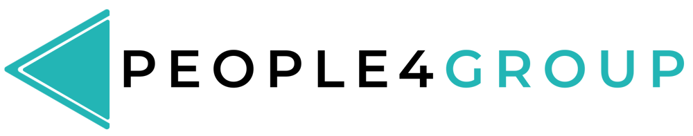 Logo von PEOPLE4GROUP mit einem hellblauen Dreieck und weißem Text, außer "4GROUP" ist hellblau.