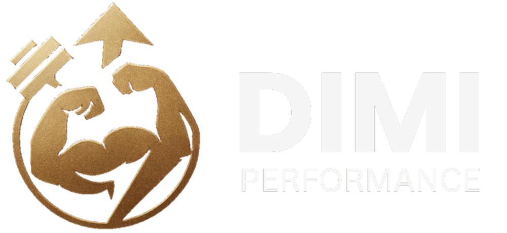 Goldenes Logo mit Bizeps, Hantel und Aufwärtspfeil neben weißem Text "DIMI PERFORMANCE".