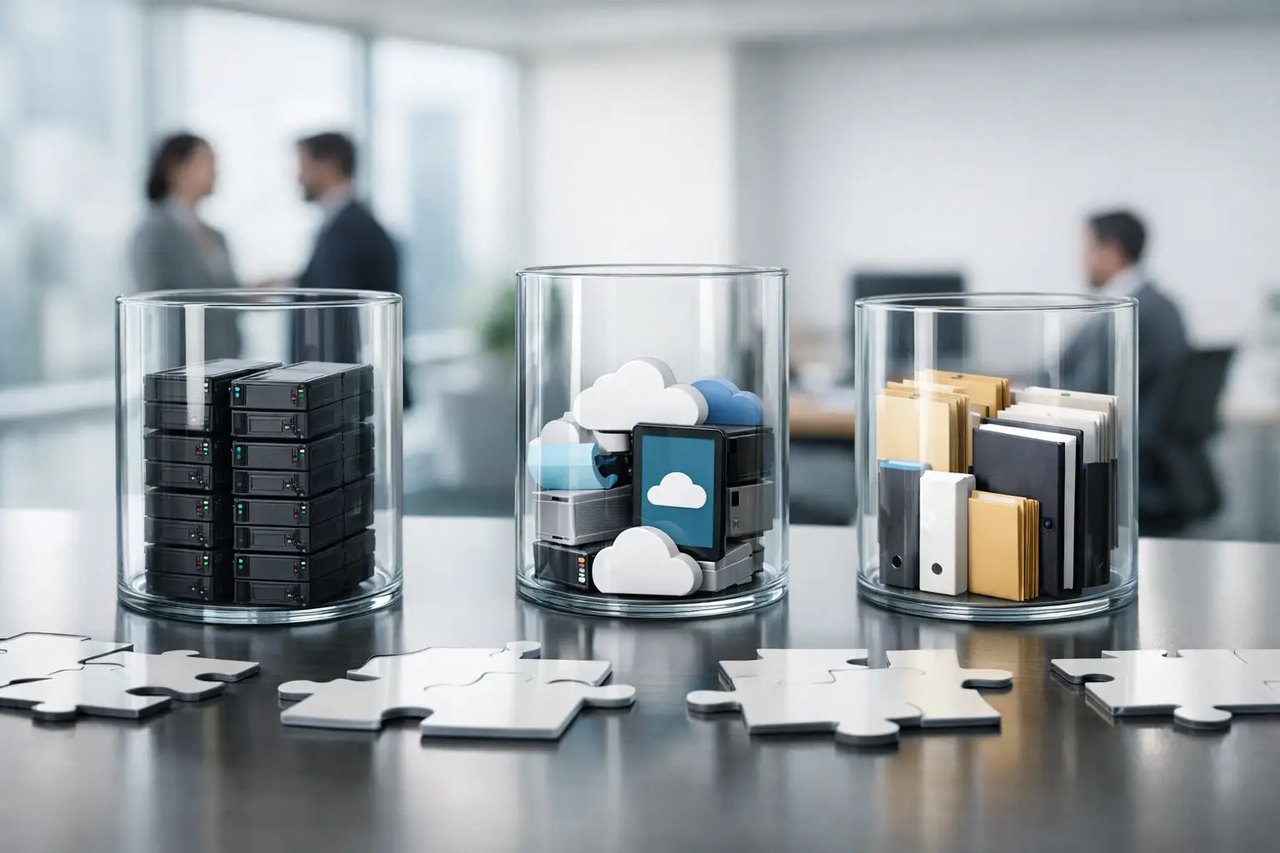Drei Gläser mit Servern, Cloud-Symbolen und Aktenordnern stehen vor Puzzleteilen in einem modernen Büro.