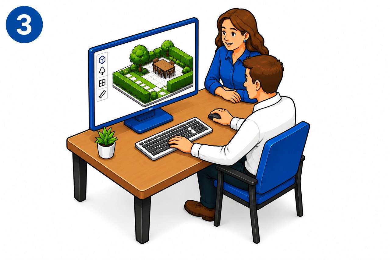 Zwei Personen betrachten eine 3D-Gartenplanung am Bildschirm