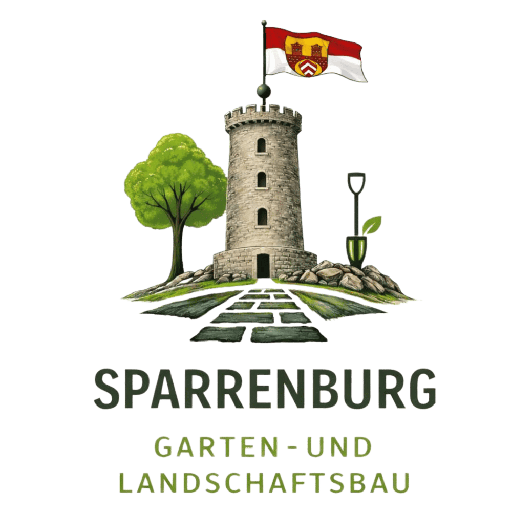 Logo der Sparrenburg Garten- und Landschaftsbau mit Burgturm, Baum und Spaten auf schwarzem Hintergrund.
