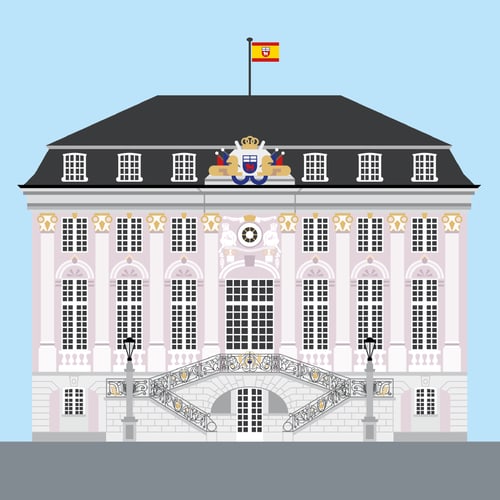 Illustration des Alten Rathauses am Bonner Marktplatz mit rosafarbener Rokokofassade