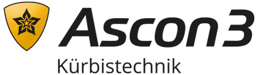 Logo von Ascon3 Kürbistechnik mit einem gelben Wappen und Sternsymbol auf schwarzem Hintergrund.