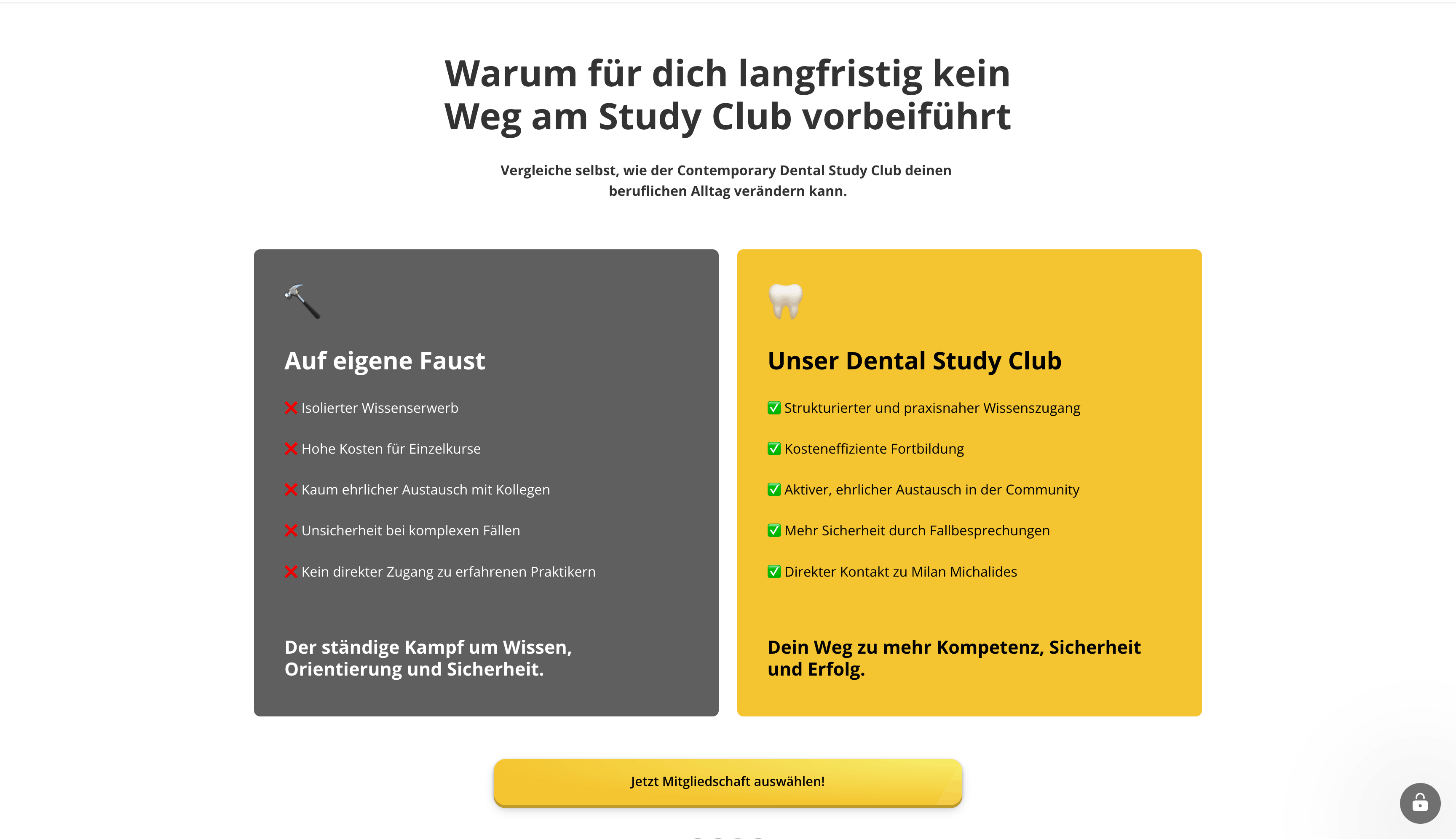 Vergleichssektion der Landingpage: auf eigene Faust lernen versus Contemporary Dental Study Club