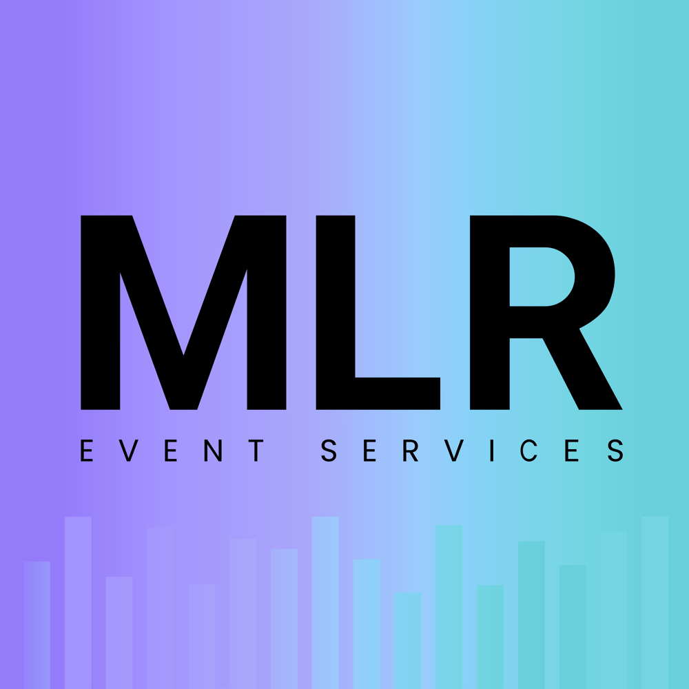 MLR Event Services Logo mit schwarzem Text und lila-türkisem Hintergrund.