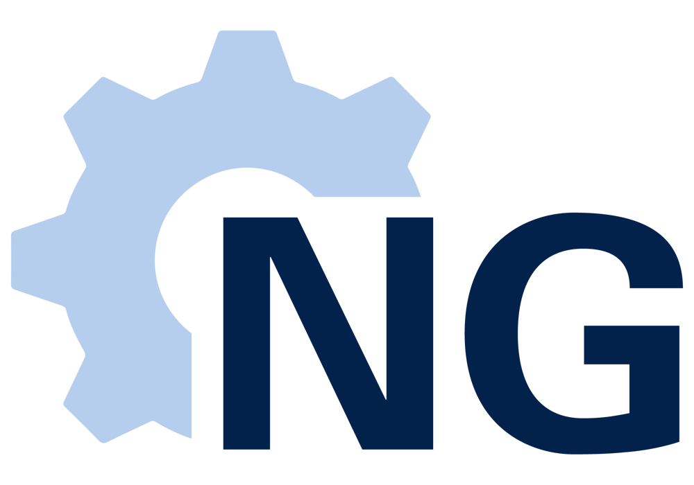 Hellblaues Zahnrad mit den dunkelblauen Buchstaben "NG" davor.
