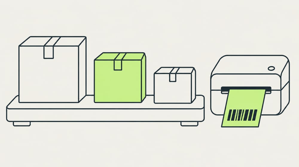 Illustration von drei unterschiedlich großen Paketen auf einer Paketwaage, daneben ein Etikettendrucker mit Versandlabel in Lime