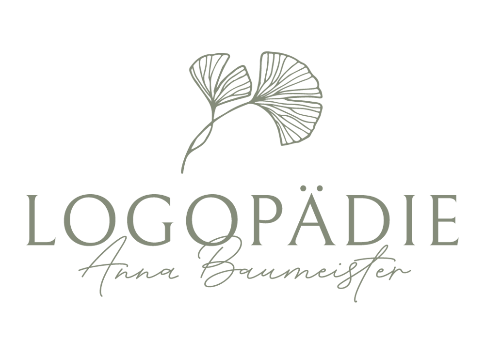 Logo: Ginkgoblatt, darunter "LOGOPÄDIE Anna Baumeister" in Hellgrau auf dunkelgrünem Hintergrund.