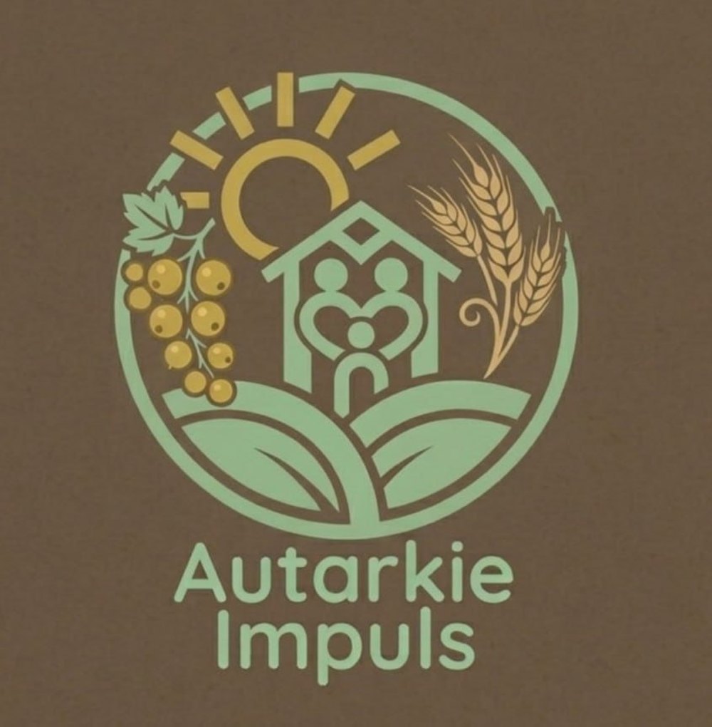 AUTARKIE IMPULS ...LEBENSGLÜCK MIT SELBSTVERSORGUNG, dunkle, hellbraune Quadrate, und ein mintgrüner Kreis auf hellgrünem Hintergrund.