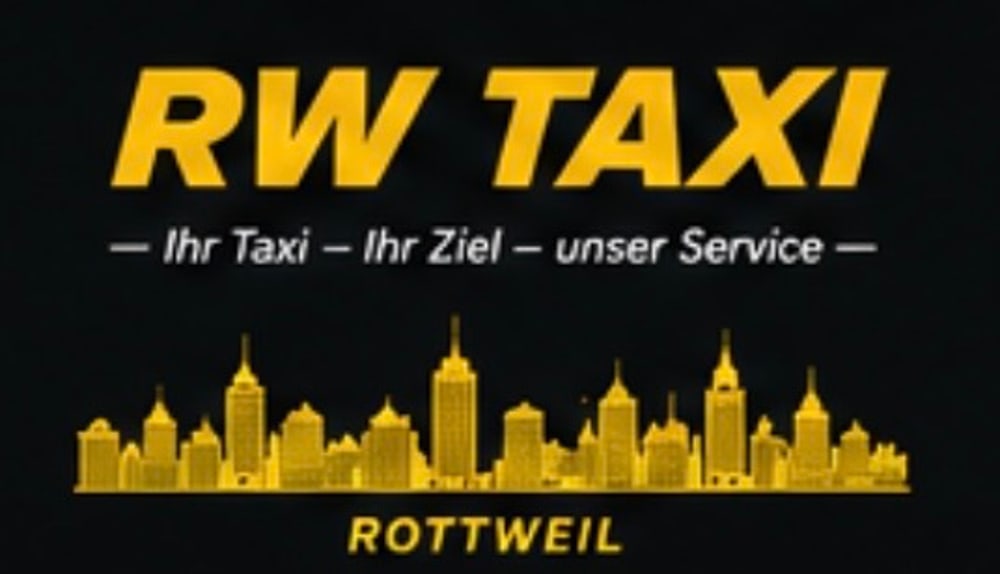 Logo von RW Taxi Rottweil mit gelber Skyline und dem Slogan Ihr Taxi – Ihr Ziel – unser Service auf schwarzem Grund.