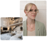 Frau mit Brille und hellgrünem Blazer lächelt, daneben ein modernes Wohnzimmer mit Loft-Charakter.
