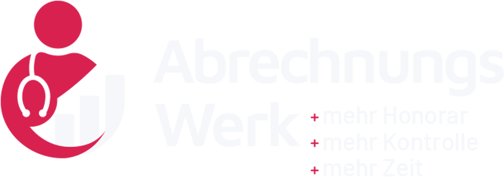 AbrechnungsWerk Logo mit rotem Arzt-Symbol, Stethoskop, Balkendiagramm und Text "mehr Honorar, mehr Kontrolle, mehr Zeit".
