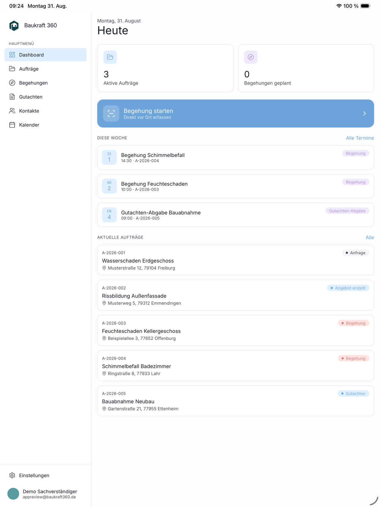 Baukraft360 Dashboard mit Aufträgen, Begehungen und Terminen auf dem iPad