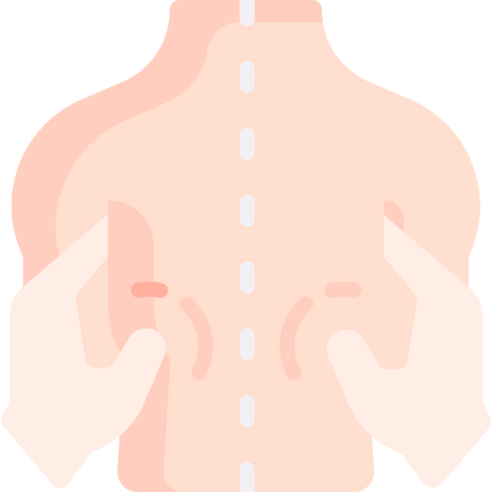 Zwei Hände massieren den oberen Rücken einer Person, mit gestrichelter Linie entlang der Wirbelsäule.