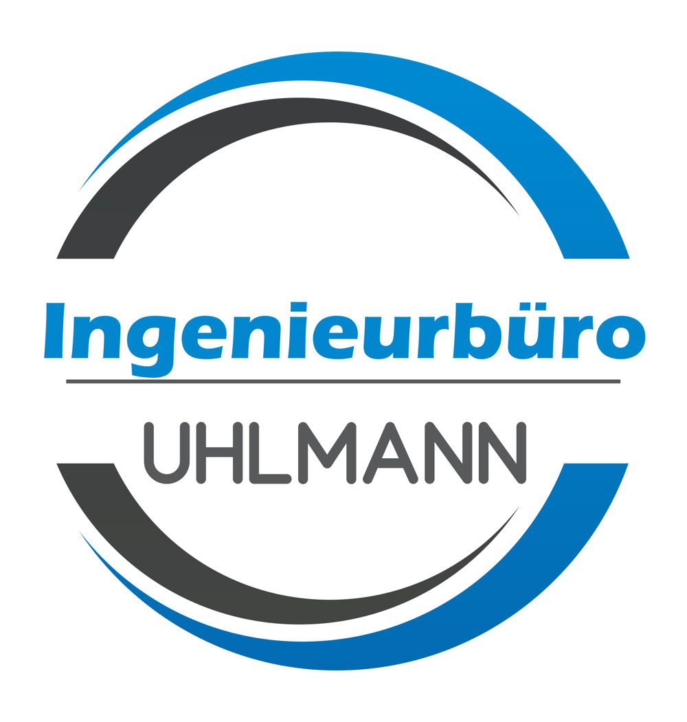 Logo: "Ingenieurbüro Uhlmann" in Blau und Grau mit umrandenden Bögen.