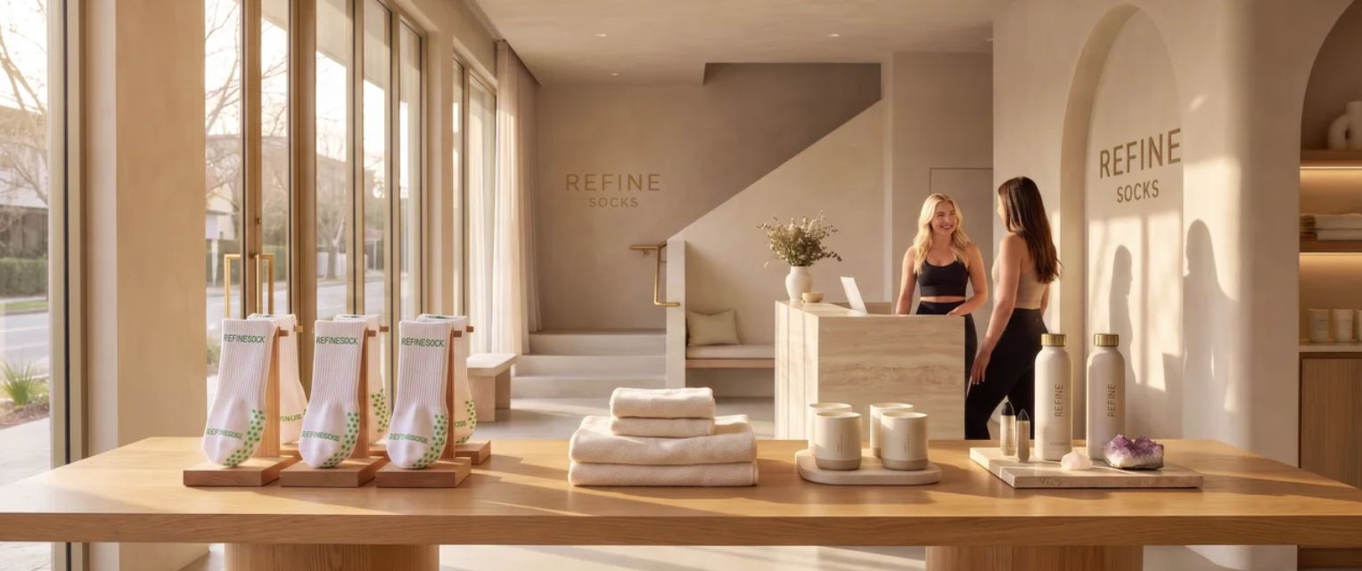 Weisse Grip Socks als Produkt im hellen Pilates-Studio