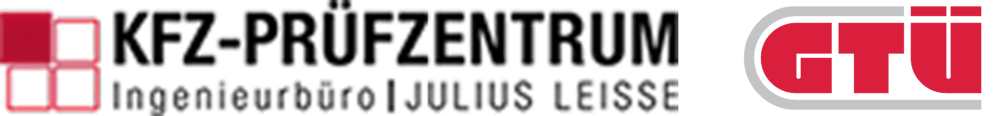 Rotes Logo mit zwei Rechtecken und Text "KFZ-PRÜFZENTRUM Ingenieurbüro | JULIUS LEISSE"