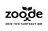 Zoode Logo mit Blättern als Ohren und Schnauze, darunter "DEIN TIER FAIRTRAUT DIR" auf dunkelgrünem Hintergrund.