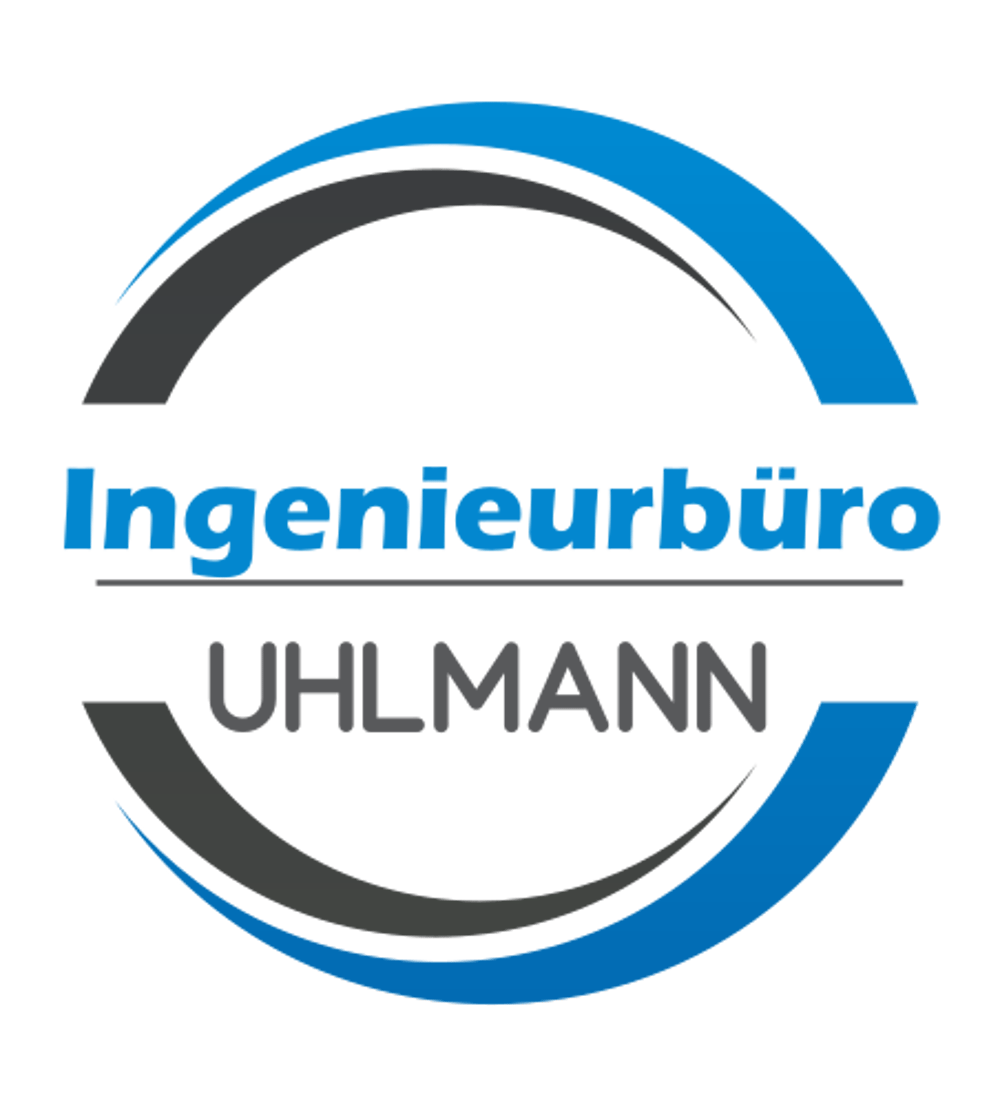 Logo: "Ingenieurbüro Uhlmann" in Blau und Grau mit umrandenden Bögen.