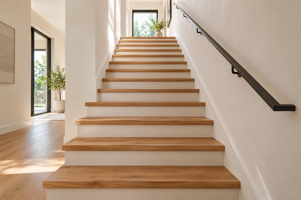 Mit Eichenholz verkleidete Treppe mit hellen Setzstufen