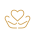 Goldenes Linien-Icon mit einem Herz über zwei schützenden Händen auf schwarzem Hintergrund.