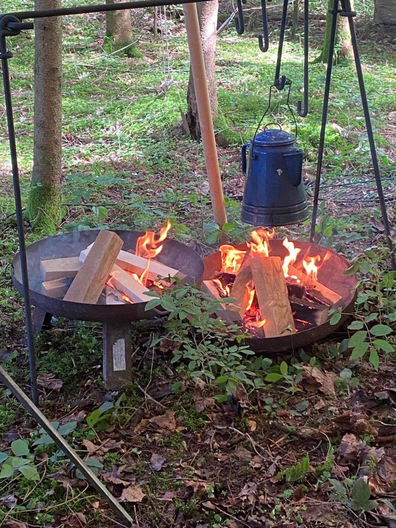Feuerschalen im Wald mit Kaffeekanne über dem Feuer