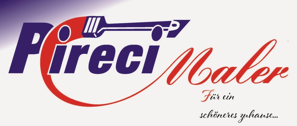 Logo "Pireci Maler" in Rot und Dunkelblau mit Pinsel-Symbol. Darunter steht "Für ein schöneres Zuhause...".