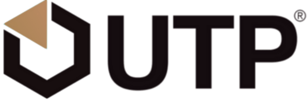 UTP Logo mit weißer, sechseckiger Form und einem orangefarbenen Dreieck, daneben der weiße Text "UTP".