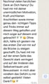 WhatsApp-Nachricht mit Text: "Nochmal vielen herzlichen Dank an Dich Nancy! Du hast mir mit deiner unermüdlichen Motivation, Kraft und Kleinen Arschtritten sowie immer genau den richtigen Tipps und Tricks immer auf diesem Weg geholfen und mich sogar auf diesem erst gebracht!! Ohne dich, hätte ich gestern nie das ersten Ziel von mir auf die Brücke zu steigen geschafft. Du hast mit mir auf der einen Seite das Gewicht stark verringert und auf der Anderen das Selbstvertrauen und Bewusstsein in mich aber vorallem das Gefühl zu mir selbst gestärkt! Vielen Dank!!!"