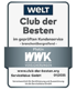 Abzeichen "WELT Club der Besten" für Platin im geprüften Kundenservice, WWK Versicherungen, gültig bis 01/2025.