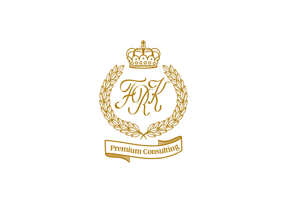 Goldenes Logo von FRK Premium Consulting mit Krone und Lorbeerkranz auf schwarzem Hintergrund.